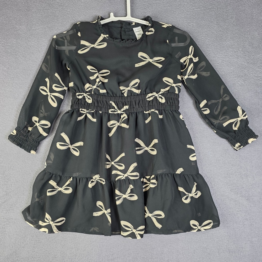 Carter's Chiffon Bow Dress Kids Size 4 Black Long Semi-Sheer Sleeve Tiered Lined